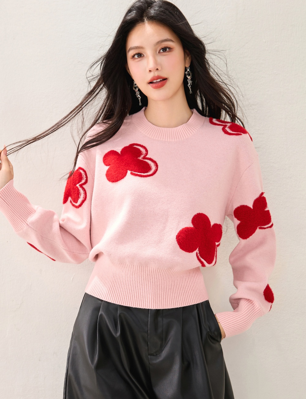 Round neck colors red wool mixed colors sweater for women