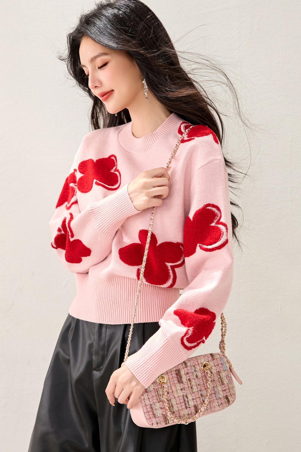 Round neck colors red wool mixed colors sweater for women