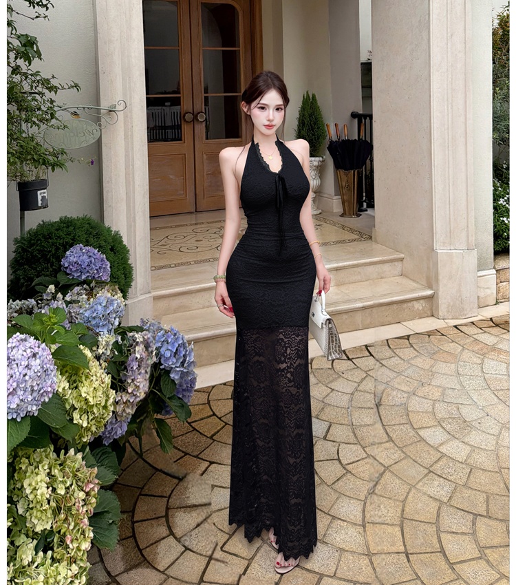 Halter vacation tender dress lace enticement long dress