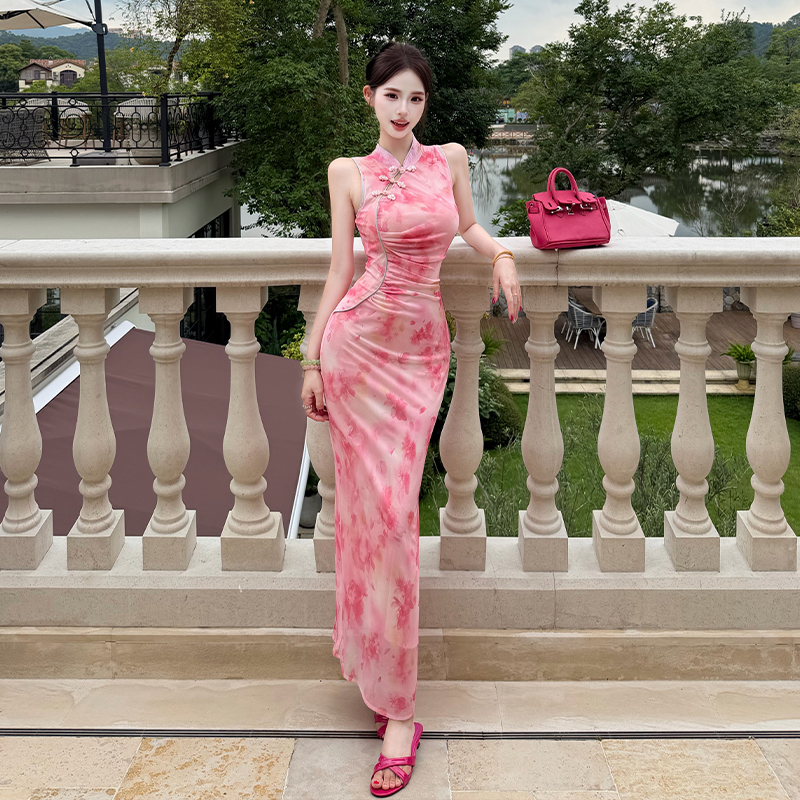 Pinched waist cheongsam summer long dress for women