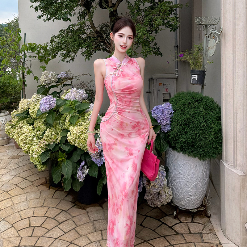 Pinched waist cheongsam summer long dress for women