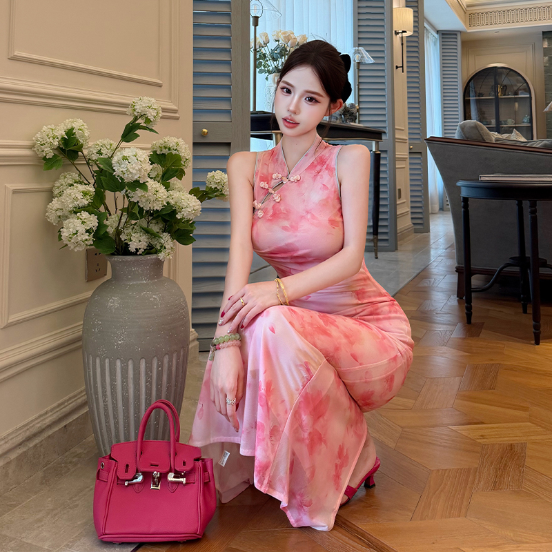 Pinched waist cheongsam summer long dress for women