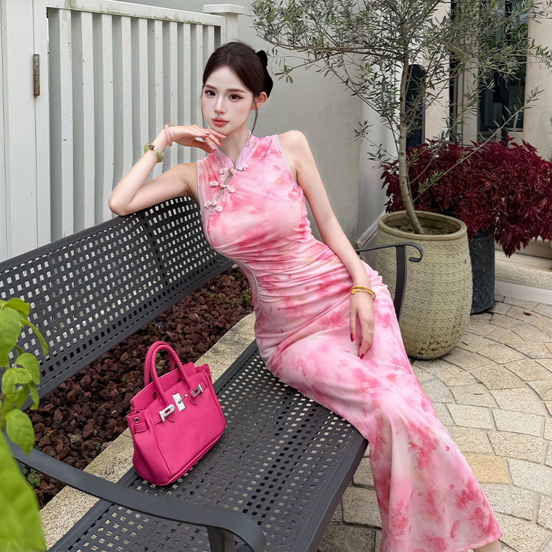 Pinched waist cheongsam summer long dress for women