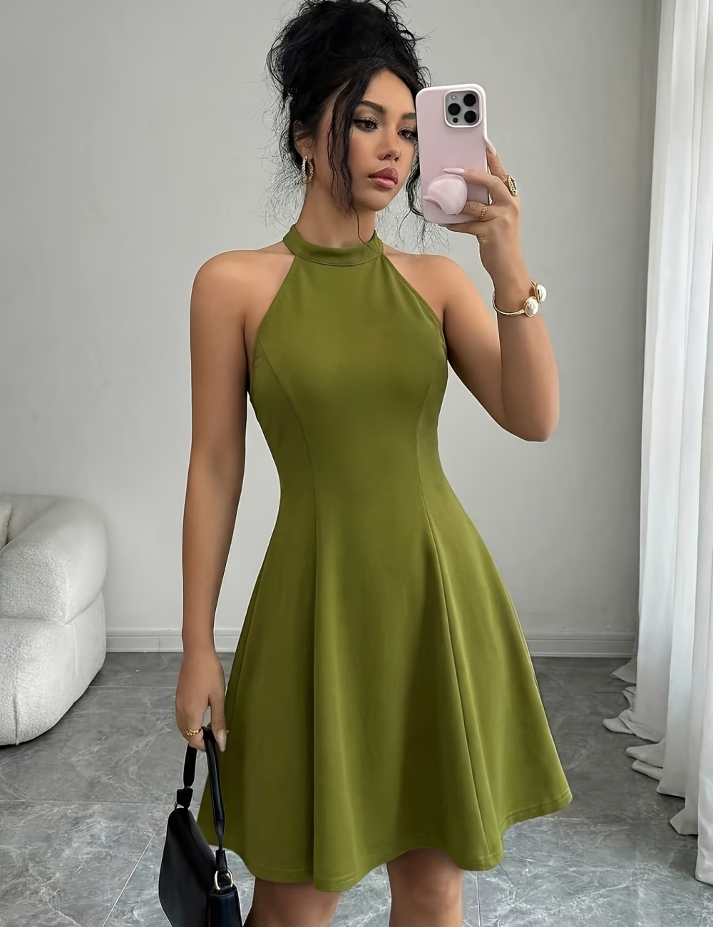 Short elegant cstand collar pure halter sexy dress