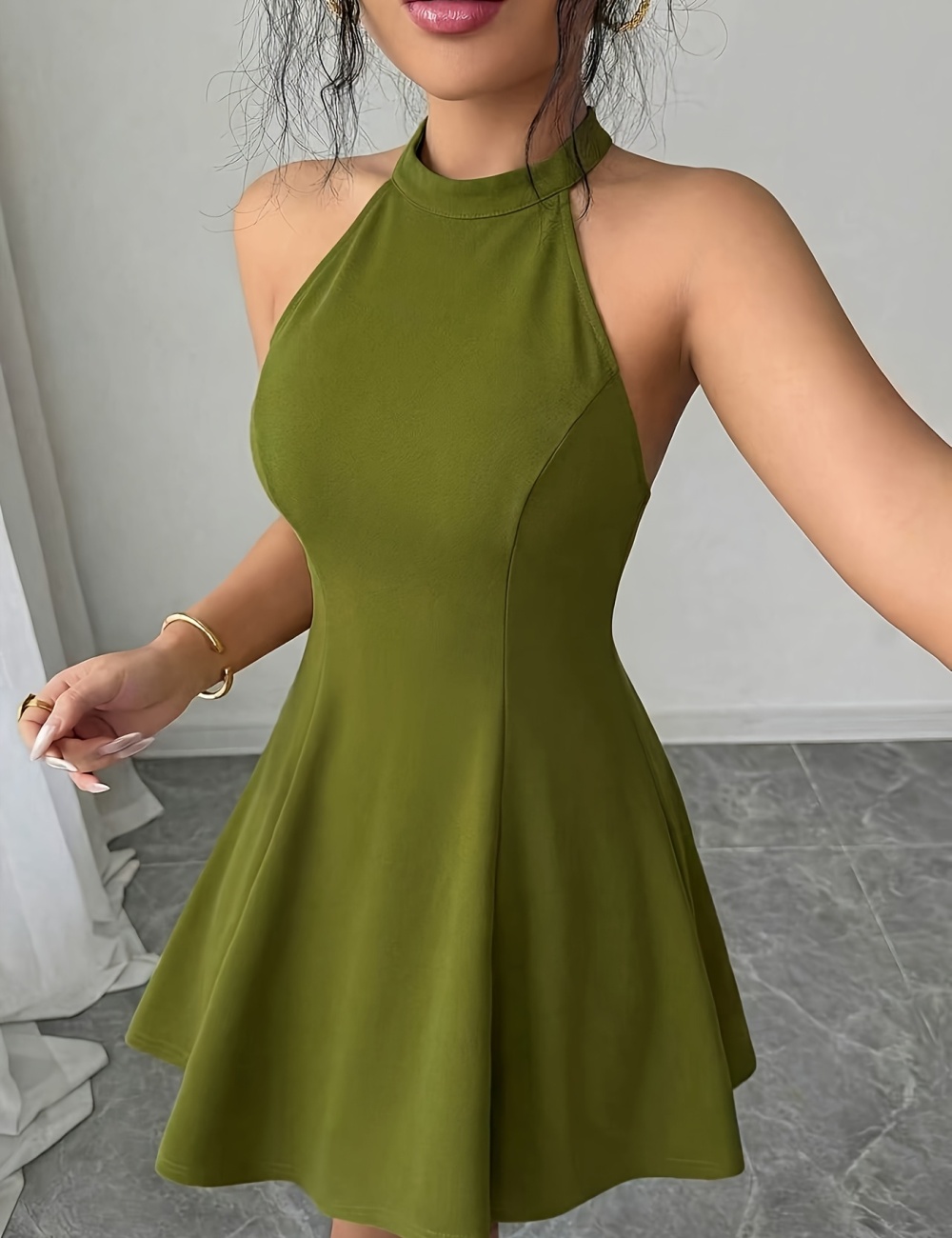 Short elegant cstand collar pure halter sexy dress