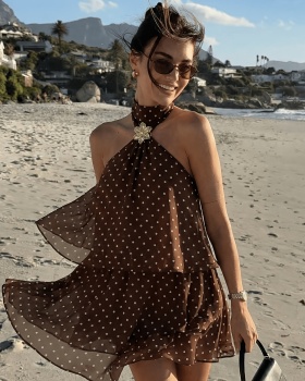 Short vacation printing halter polka dot dress