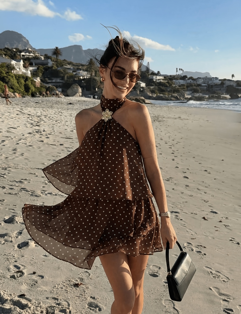Short vacation printing halter polka dot dress
