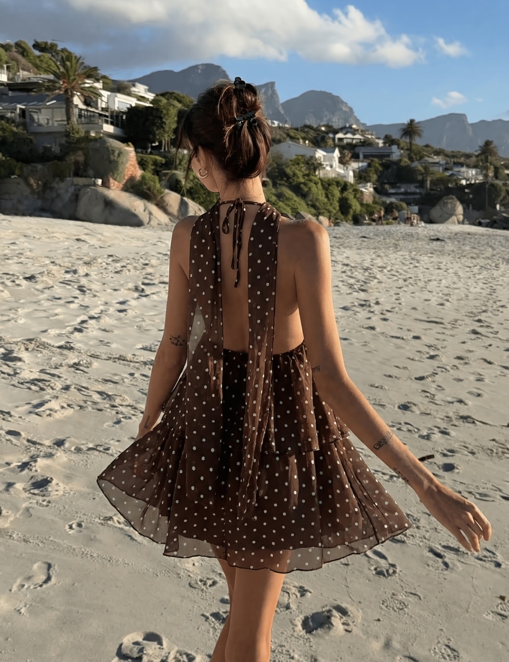 Short vacation printing halter polka dot dress