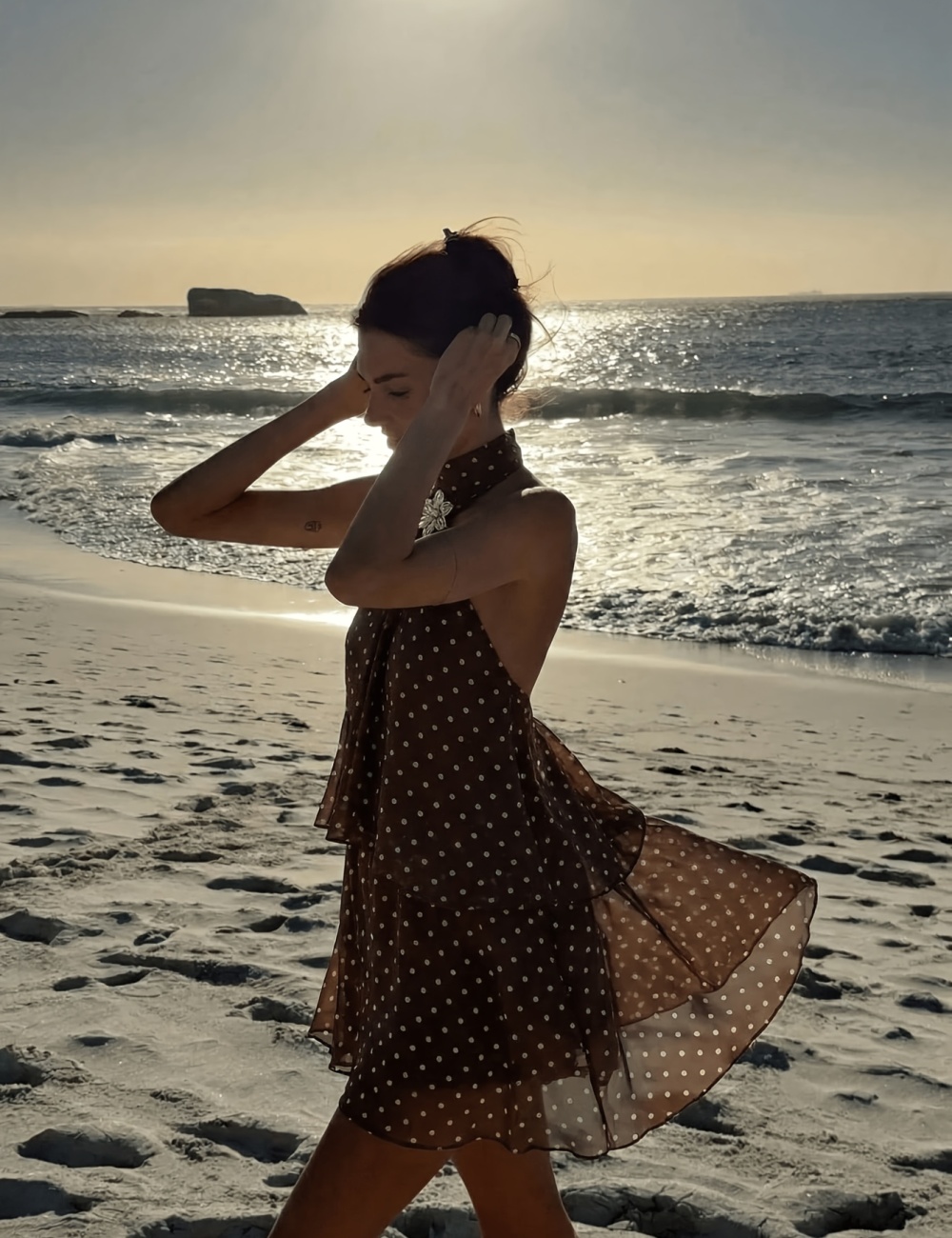 Short vacation printing halter polka dot dress