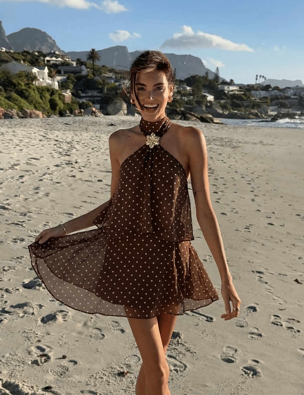Short vacation printing halter polka dot dress