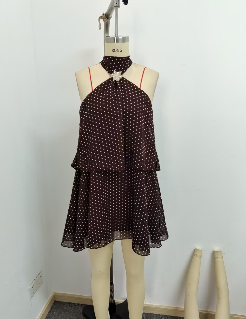 Short vacation printing halter polka dot dress