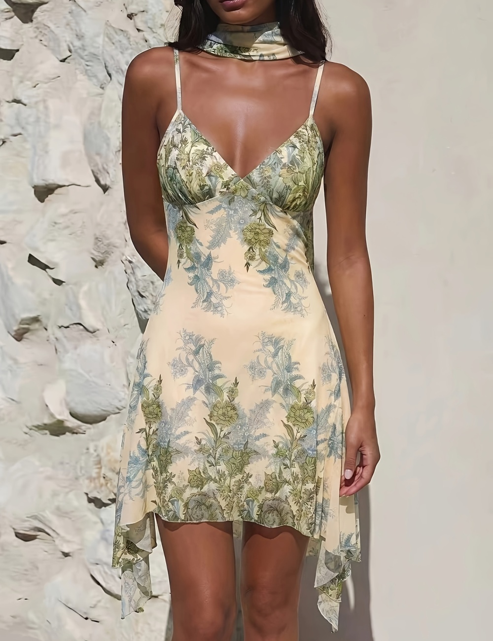 Irregular vacation streamer printing mini dress