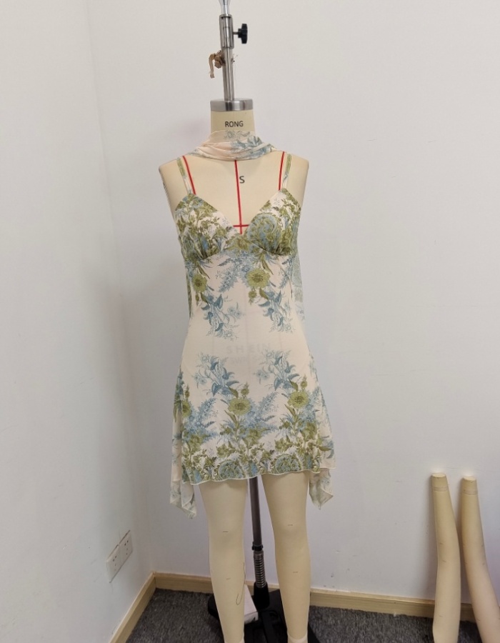 Irregular vacation streamer printing mini dress