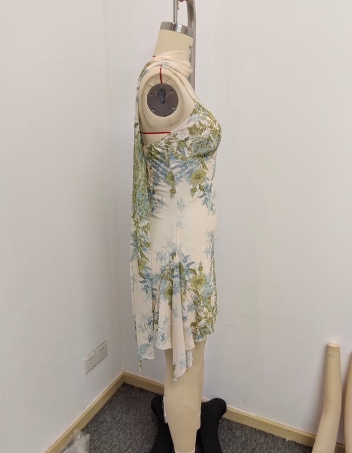 Irregular vacation streamer printing mini dress