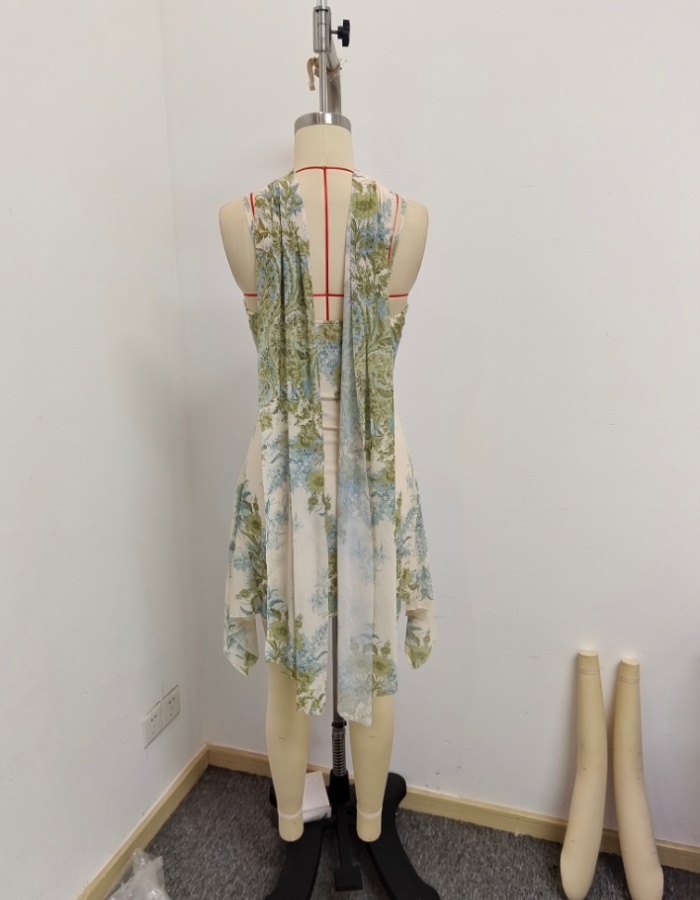 Irregular vacation streamer printing mini dress