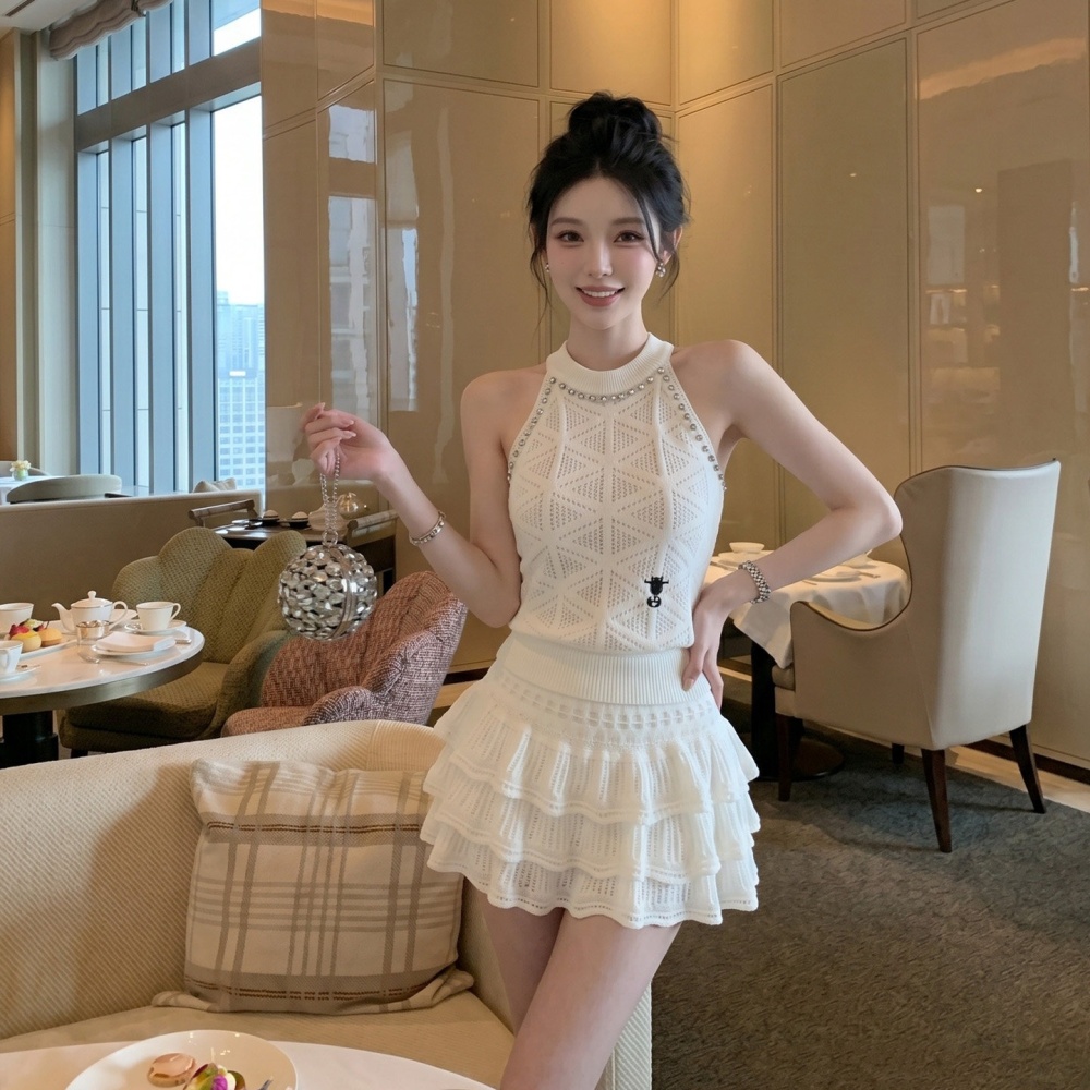 Knitted summer short skirt halter vest 2pcs set for women