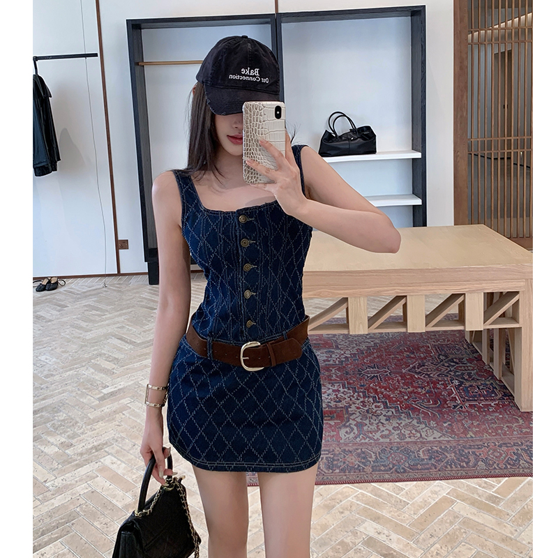 Slim enticement plaid T-back denim sling dress