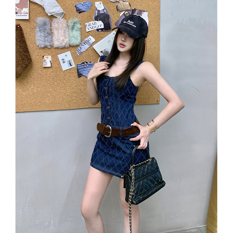 Slim enticement plaid T-back denim sling dress