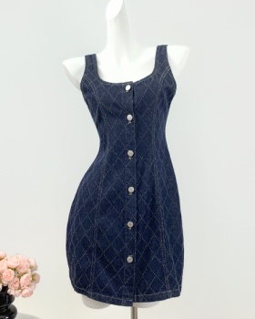 Retro pinched waist shirt slim sleeveless dress for women