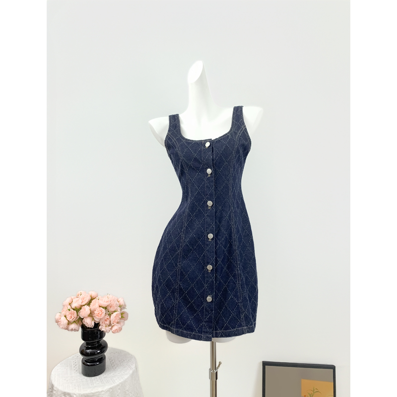 Retro pinched waist shirt slim sleeveless dress for women
