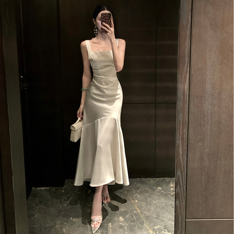 Summer sling white long dress mermaid slim satin dress