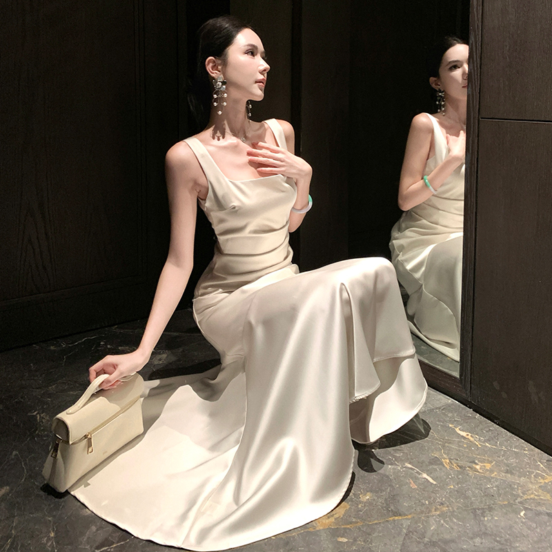 Summer sling white long dress mermaid slim satin dress