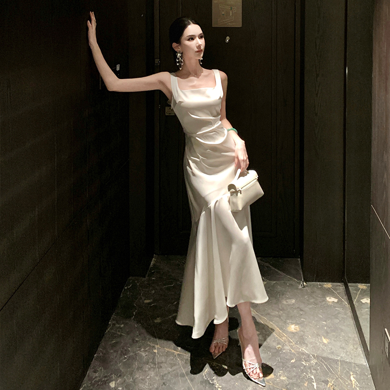 Summer sling white long dress mermaid slim satin dress