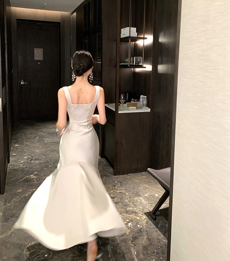 Summer sling white long dress mermaid slim satin dress