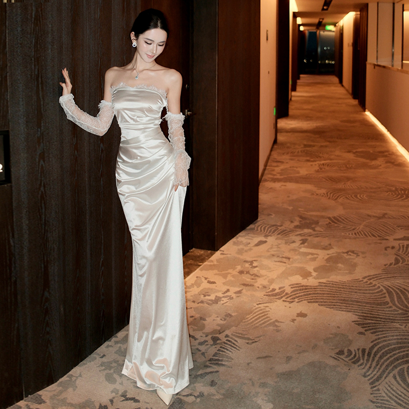 Wrapped chest white long dress France style dress