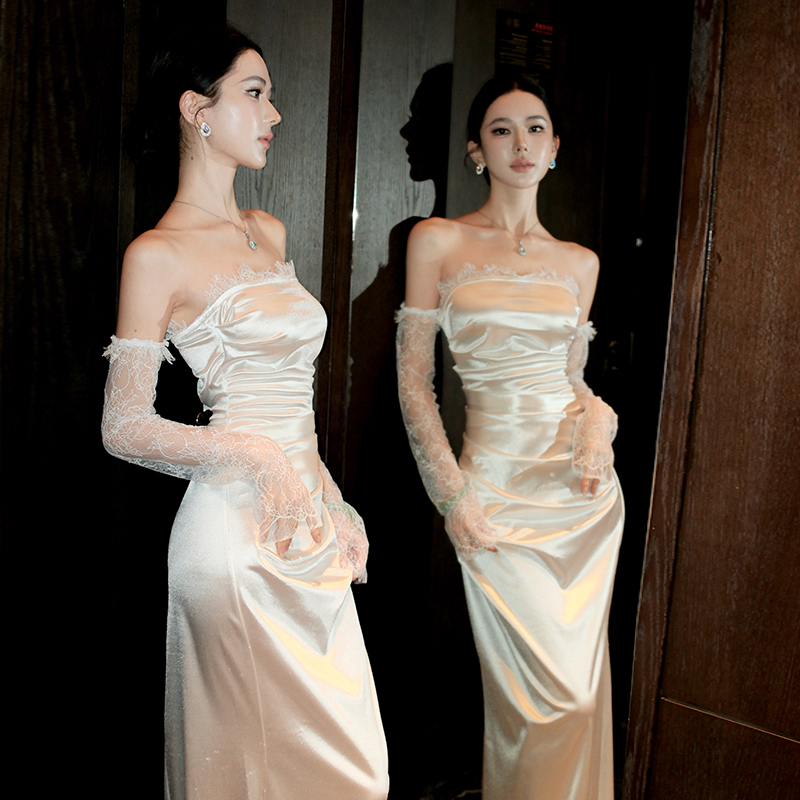 Wrapped chest white long dress France style dress