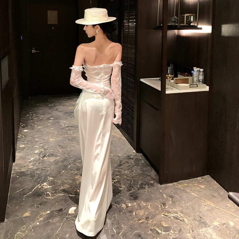 Wrapped chest white long dress France style dress