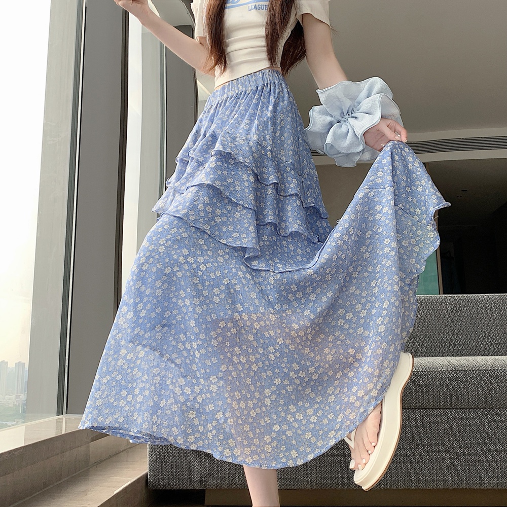 Floral Korean style summer skirt A-line irregular long skirt