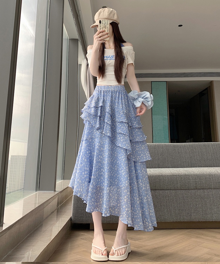 Floral Korean style summer skirt A-line irregular long skirt