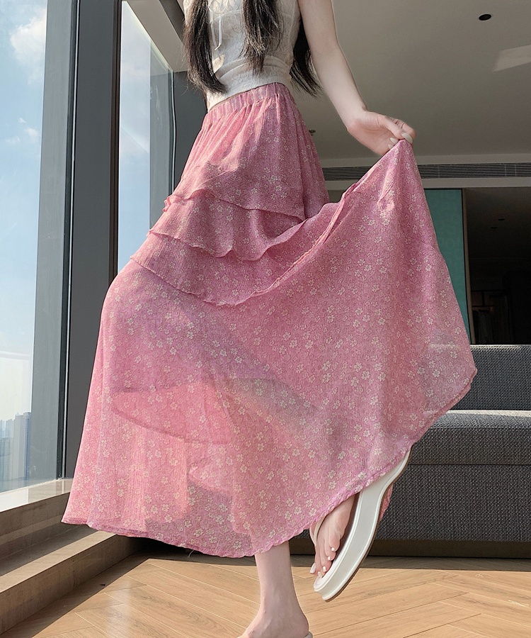 Floral Korean style summer skirt A-line irregular long skirt