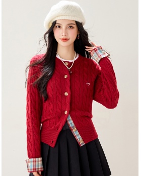 Splice college style knitted tops wool blending cardigan