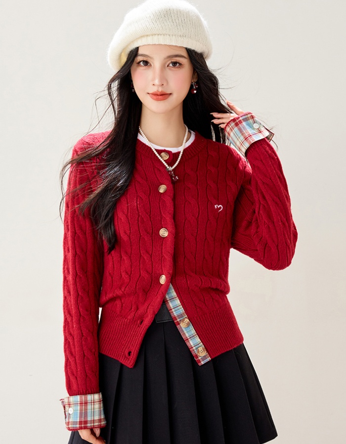 Splice college style knitted tops wool blending cardigan
