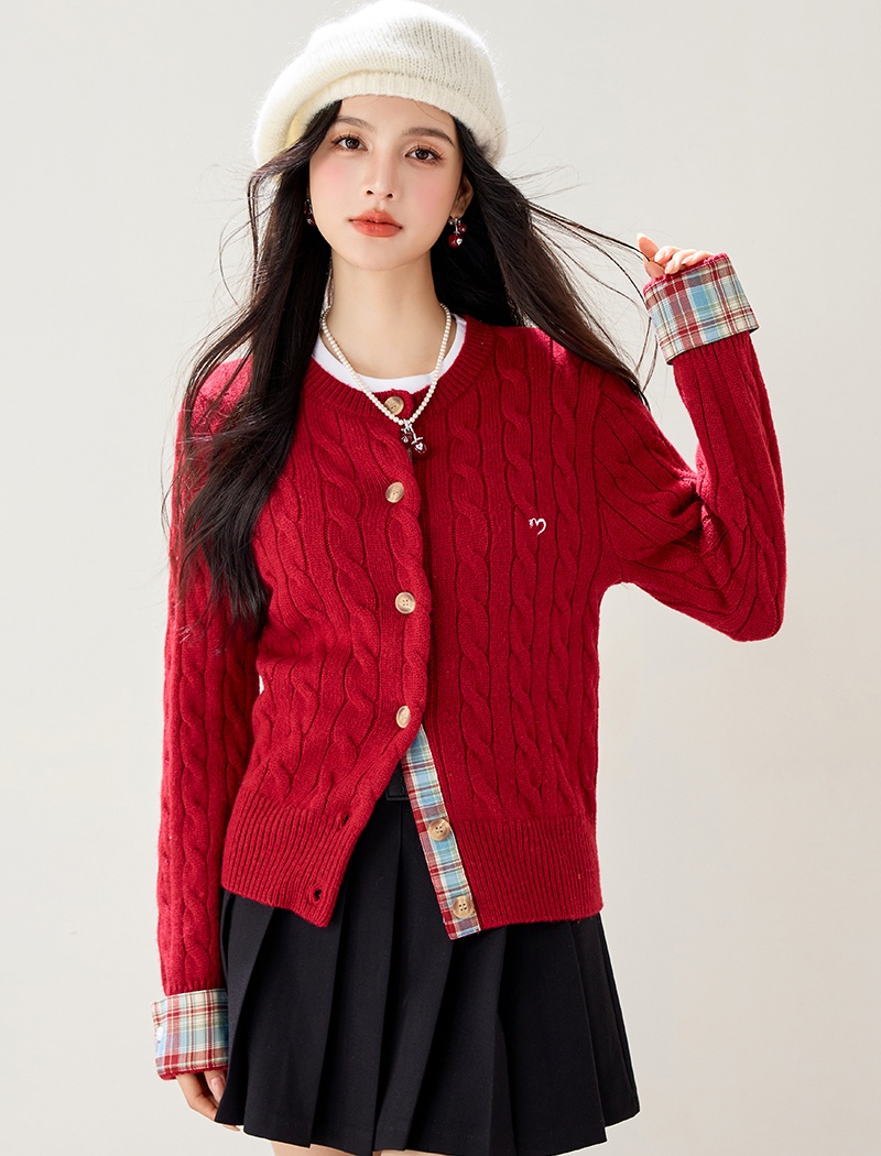 Splice college style knitted tops wool blending cardigan