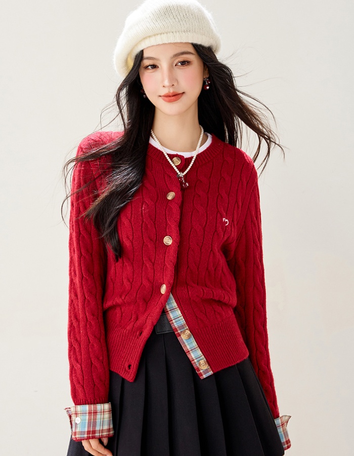 Splice college style knitted tops wool blending cardigan