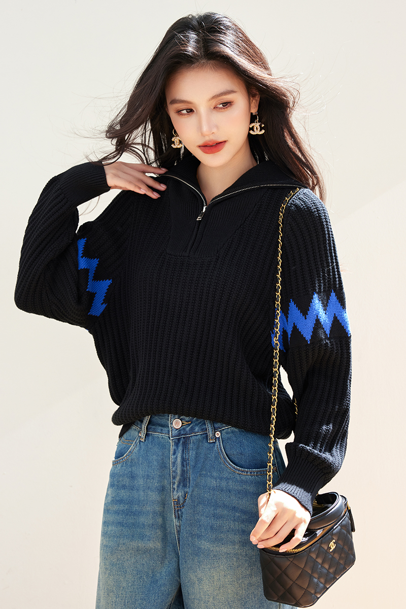 Pit stripe splice spring and autumn sweater for women