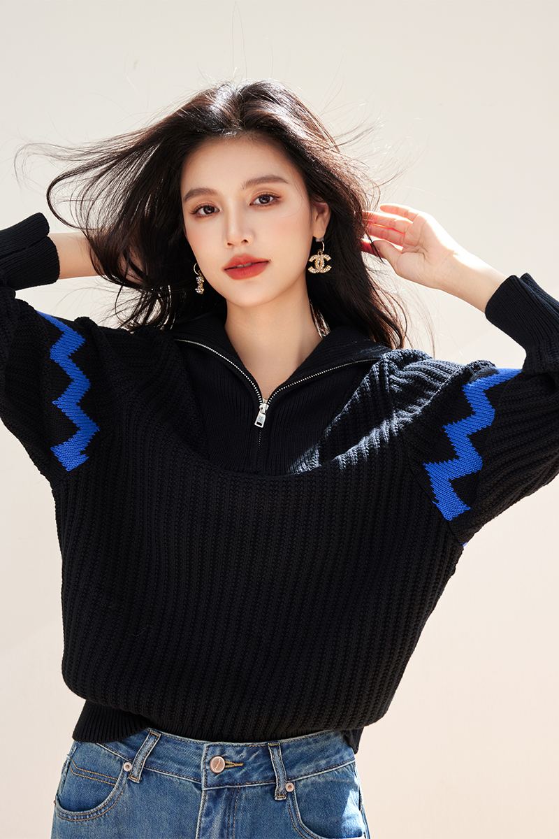 Pit stripe splice spring and autumn sweater for women