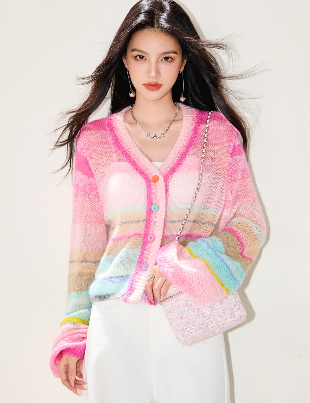 Unique micro speaker sweater pink cardigan for women