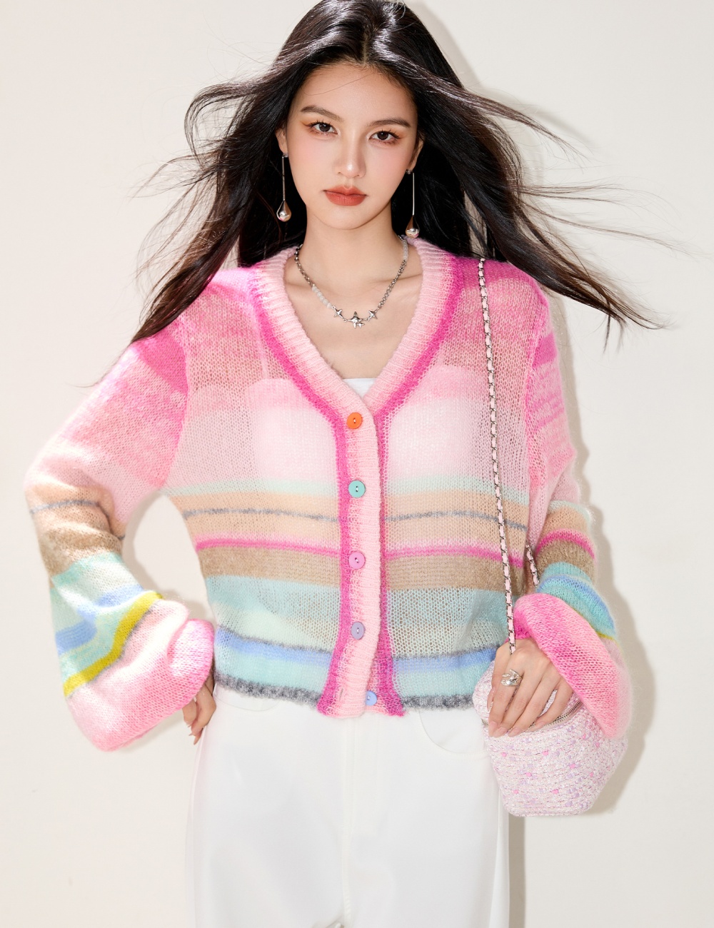 Unique micro speaker sweater pink cardigan for women