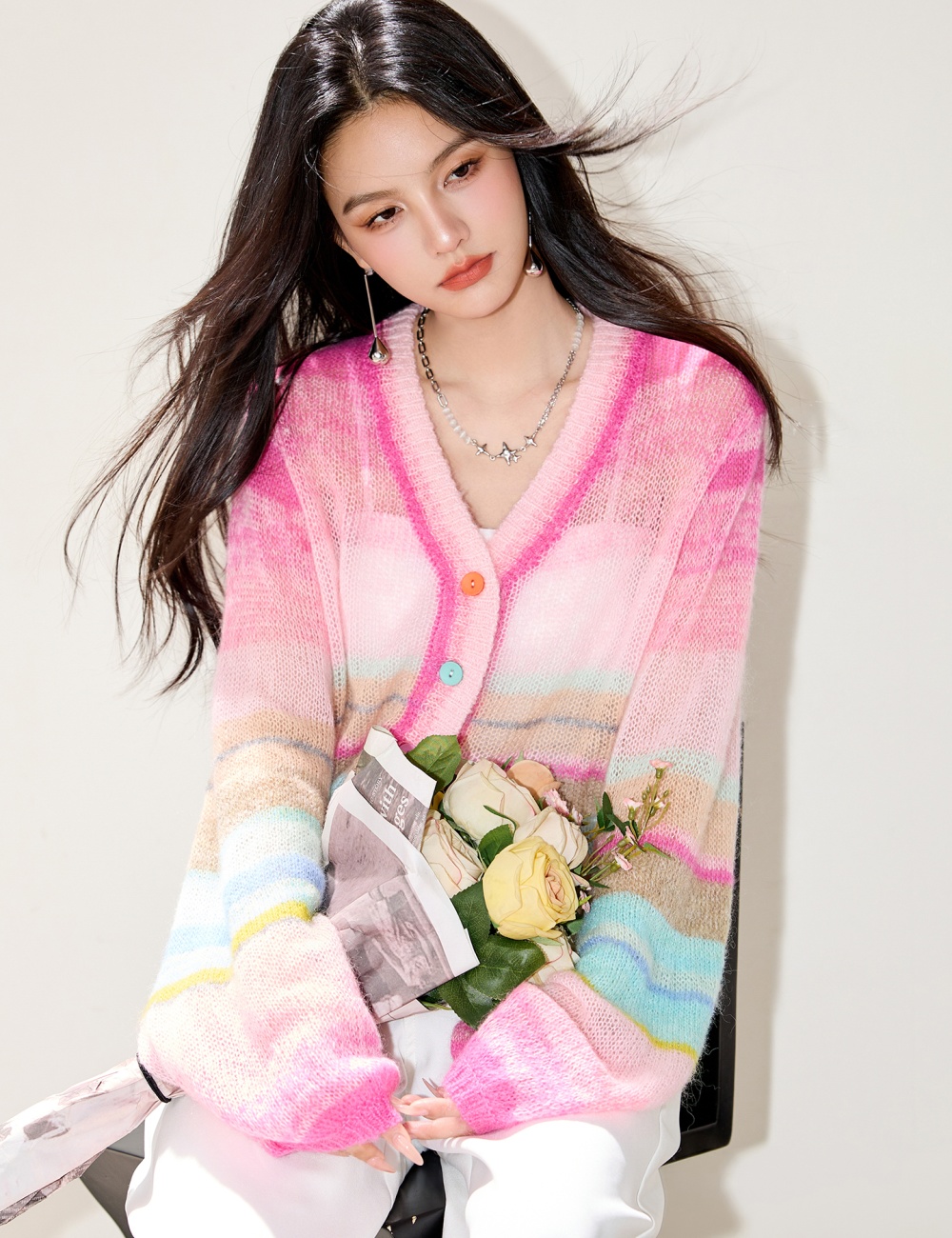Unique micro speaker sweater pink cardigan for women