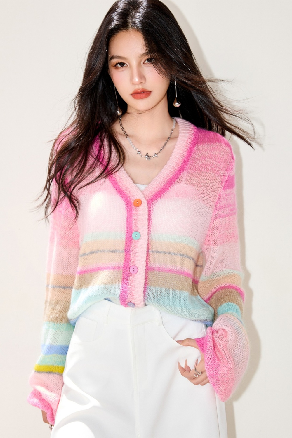 Unique micro speaker sweater pink cardigan for women