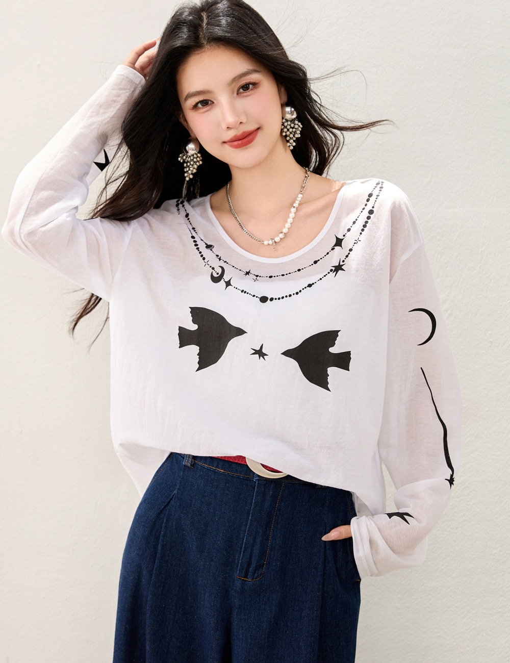Long sleeve smock printing tops