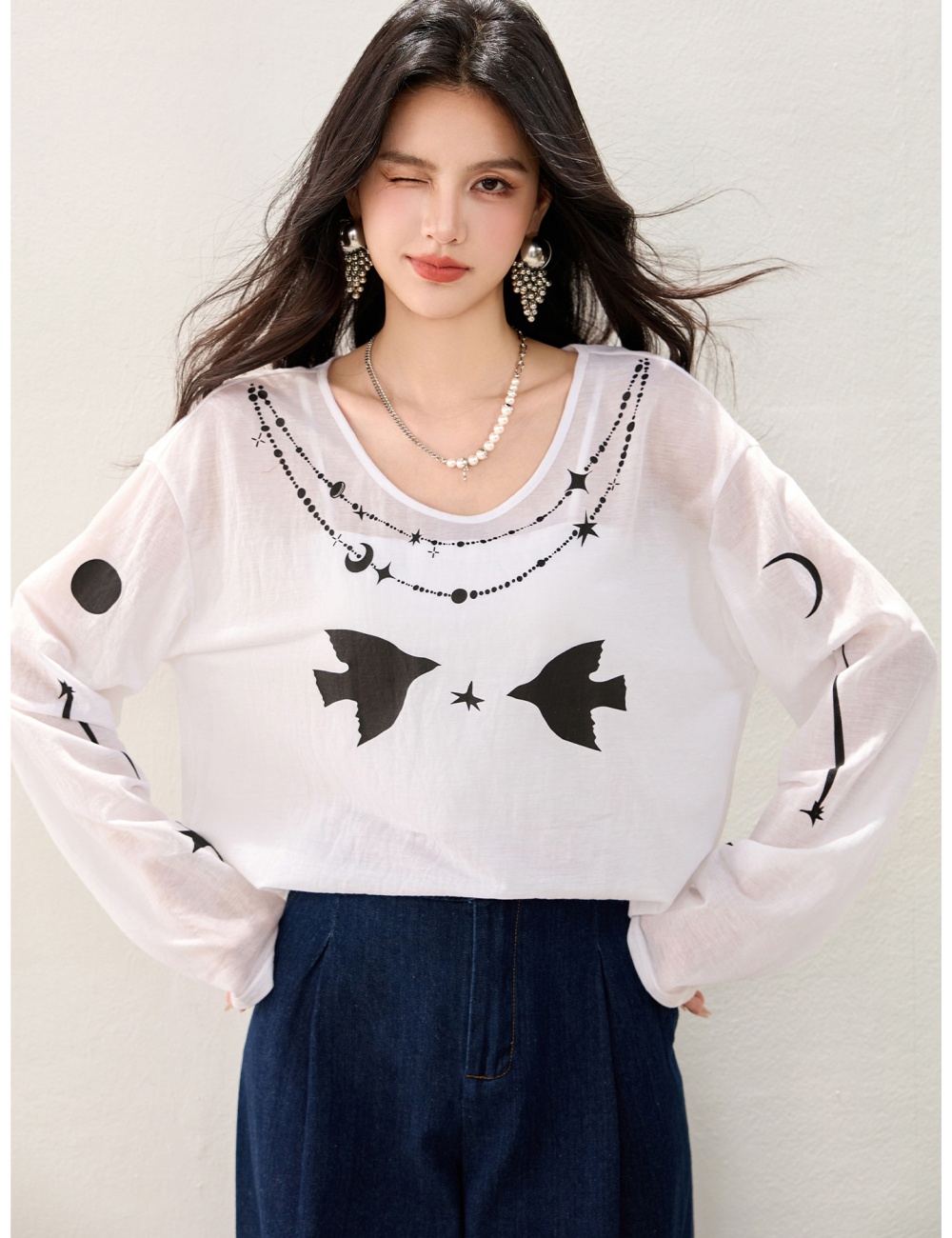 Long sleeve smock printing tops
