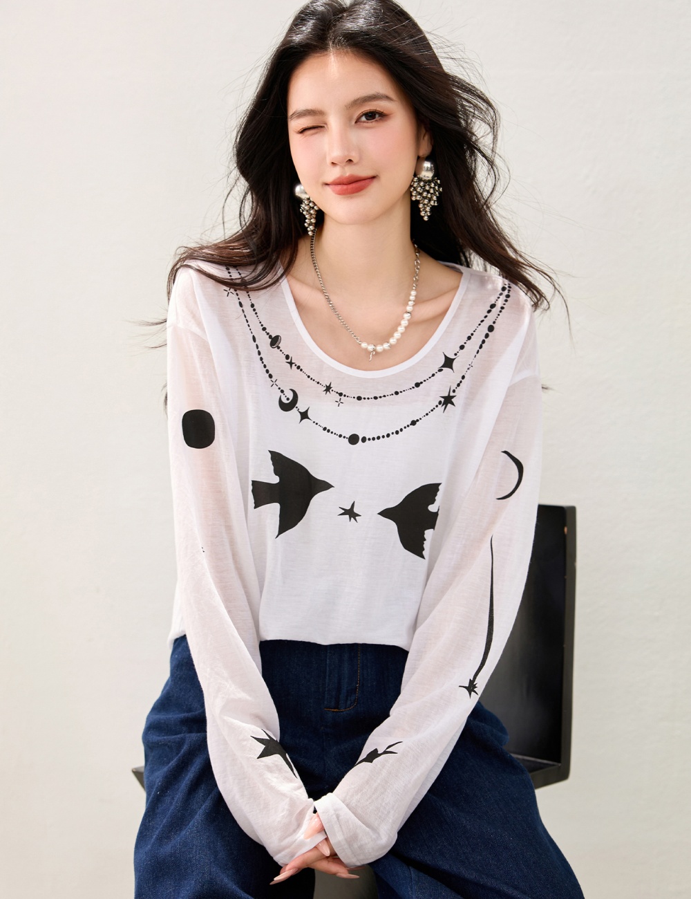 Long sleeve smock printing tops