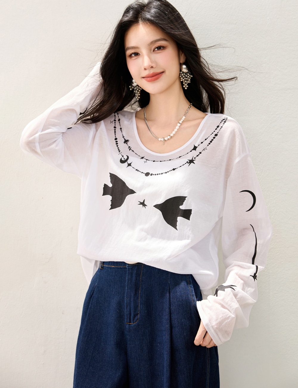 Long sleeve smock printing tops