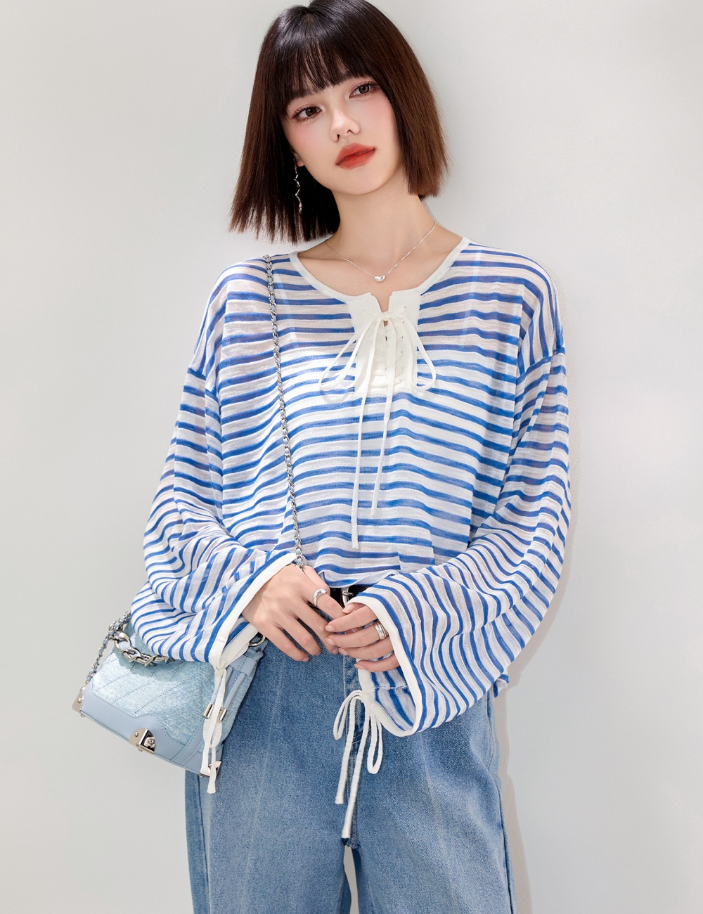 Breathable blue smock loose all-match T-shirt