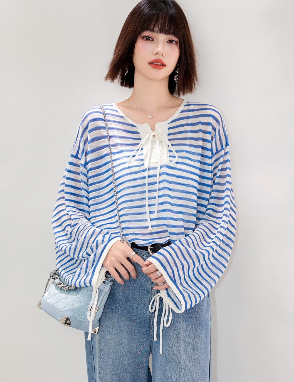Breathable blue smock loose all-match T-shirt